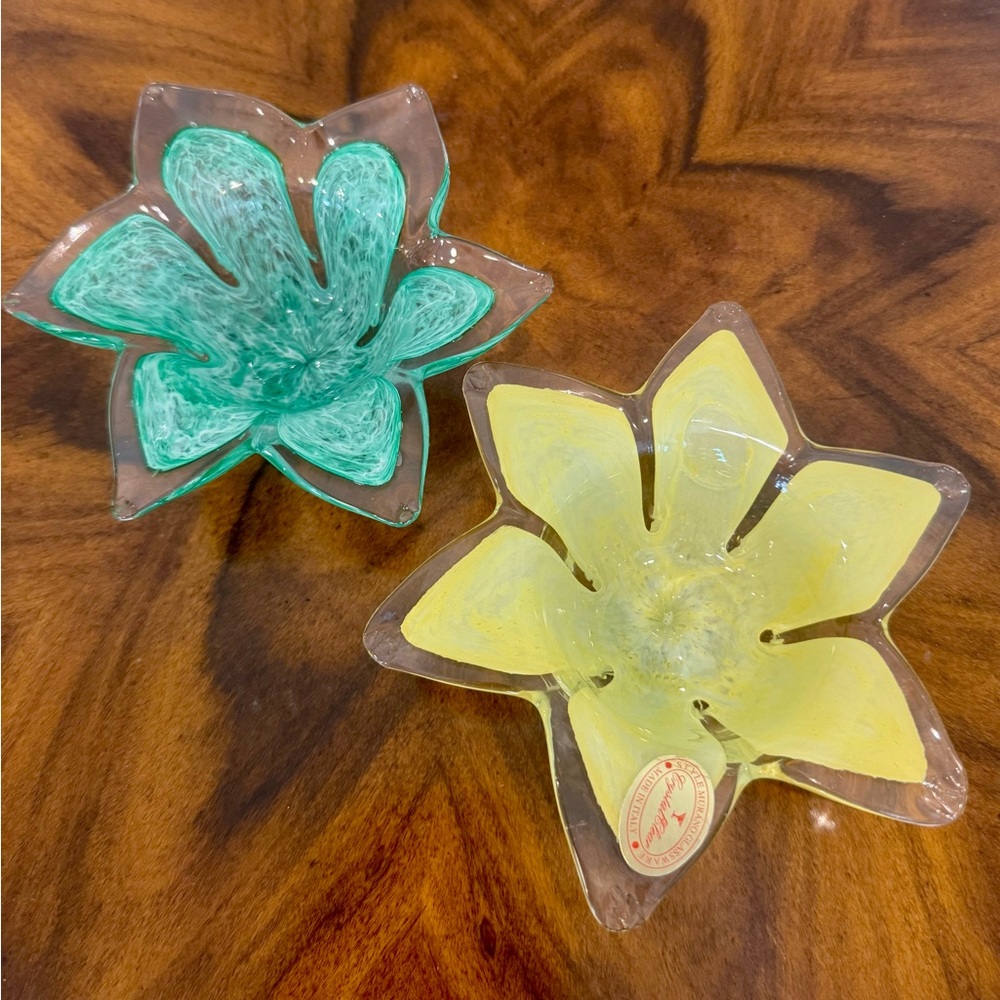 2 Murano Art Glass Flower Shaped Votive Candle Holders Made In Italy